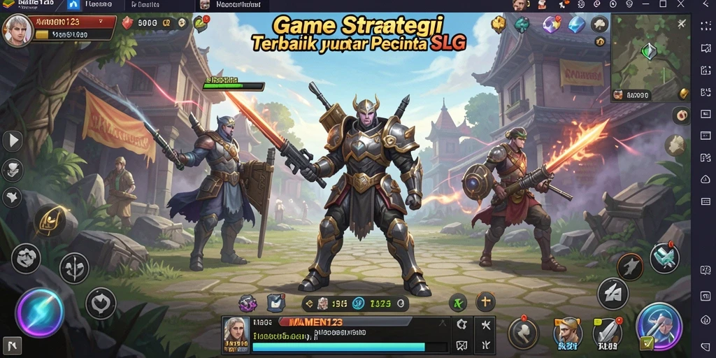 Tampilan gameplay MAMEN123 dengan berbagai bangunan dan karakter strategis.