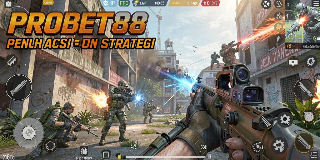Tampilan gameplay PROBET88 yang intens dalam pertempuran FPS.