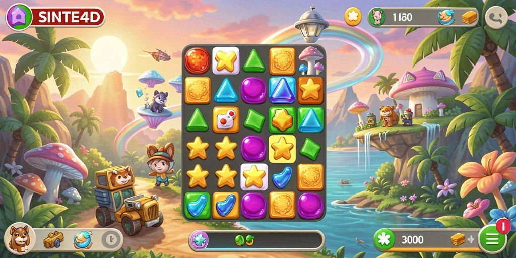 Tampilan gameplay seru di SINTE4D dengan elemen Match-3 yang berwarna-warni.