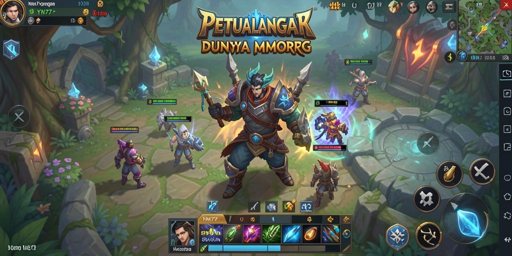 Screenshot gameplay YN777 dengan karakter bertarung di arena MMORPG.
